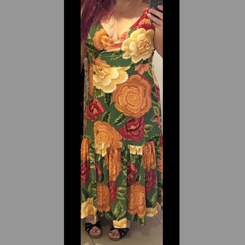 FARM Rio XL Green w/Orange Flower Maxi Dress with Ruffled Tiers